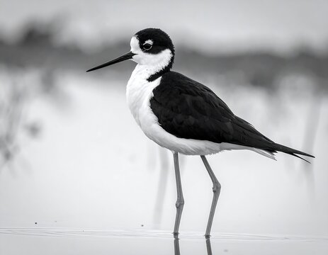 Monochrome wading bird in tranquil water environment