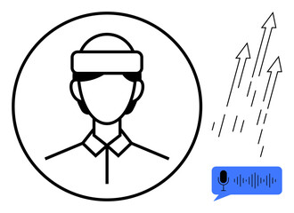 User with headset indicating voice interaction, upward arrows for growth, microphone symbol for AI functionality. Ideal for voice recognition, AI growth, innovation, tech development, virtual