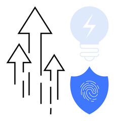 Three upward arrows suggest growth and progress, paired with a bulb for innovation and ideas. The shield with a fingerprint symbolizes data protection and security. Ideal for technology, innovation