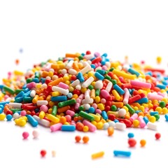 Colorful sprinkles pile against white background