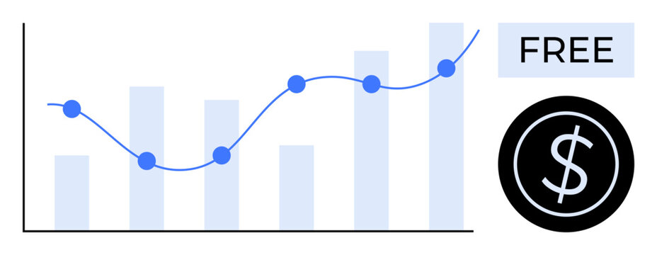 Bar graph and line chart demonstrating progress, black dollar sign in circle, free label. Ideal for finance, analytics, growth, performance, business economy cost-saving. Simple flat metaphor