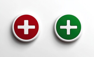 Obraz premium Two 3D round buttons with plus signs, one red and one green, representing contrasting or opposing concepts on a white background