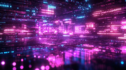 Abstract digital environment with glowing pink and blue light dots and lines reflecting on shiny surface creating futuristic high-tech atmosphere