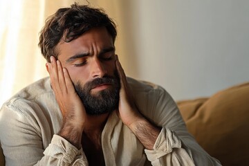 Man with closed eyes touching his temples, appearing stressed or in pain, sitting indoors with soft lighting and a contemplative expression