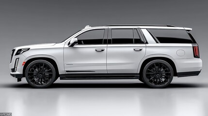 Side view of a modern silver luxury SUV with black wheels against a clean grey background, showcasing sleek design and dark tinted windows