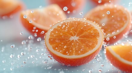 Macro Shot of Fresh Orange Slices with Water Droplets on Light Blue Surface in Cinematic HDR Food Photography