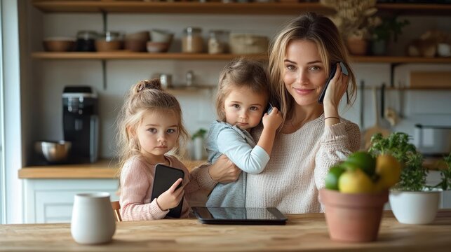 Smiling mother multitasking on phone while holding toddler and sitting with young child holding smartphone in cozy kitchen