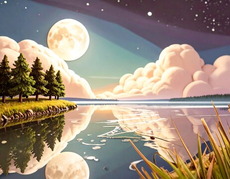 Peaceful lake scene at night, with a full moon