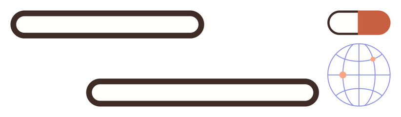 Progress bars with rounded edges, capsule pill, and globe with red marker. Ideal for progress tracking, global health, medicine, technology, healthcare advancements, data analysis simple flat