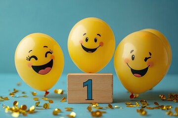 Three yellow balloons with smiling and winking emoji faces surrounding a wooden block with the number one on a blue background with golden confetti scattered around