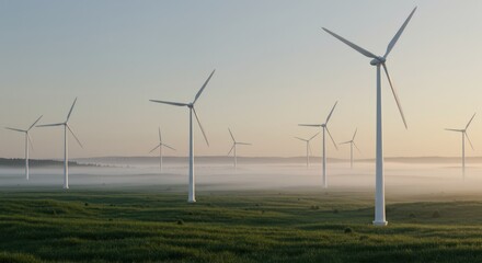 Wind Turbines on a Foggy Morning Generating Renewable Energy.