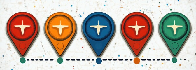 Five colorful location markers with airplane symbols arranged in a horizontal line connected by a dotted route on a map background, representing travel planning or navigation