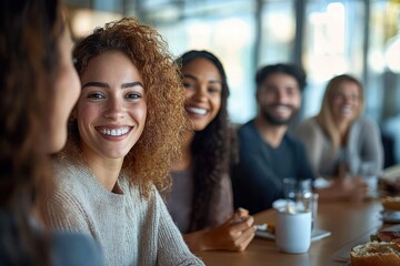 Group of diverse young adults enjoying conversation and smiling warmly while sitting together at a table in a bright modern cafe