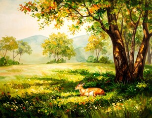 Peaceful landscape painting with deer