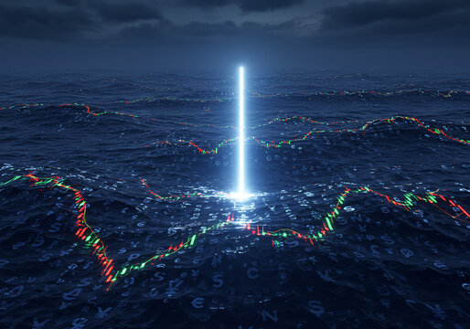A financial market visualization depicting fluctuating stock data submerged in turbulent waters, illuminated by a bright beam.
