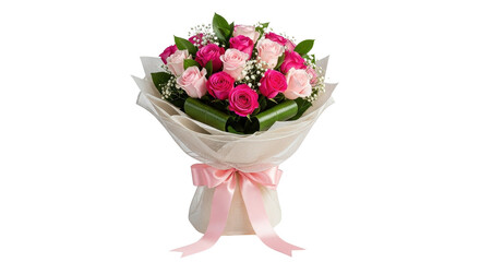 Romantic bouquet of pink roses with baby's breath and ribbon isolated PNG with Transparent Background