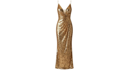 Elegant golden sequin gown isolated PNG with Transparent Background