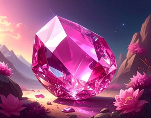Radiant Pink Gemstone in a Dreamlike Landscape