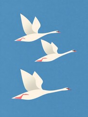 Fototapeta premium Minimalist cartoon depiction of three swans soaring across a clear background with bold flat tones and clean lines