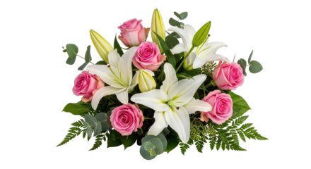 Floral arrangement with pink roses and white lilies isolated PNG with Transparent Background