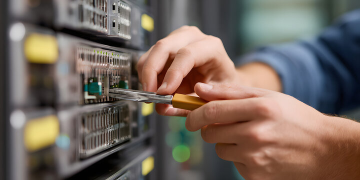 Replacement Service and Maintenance Plan. Technician working on server hardware with tools in a data center. - Powered by Adobe