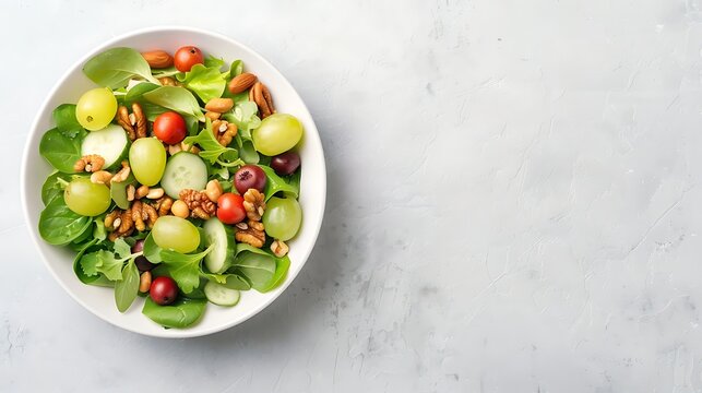 A vibrant and healthy salad with grapes, tomatoes, cucumbers, and almonds in a white bowl