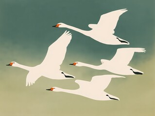 Obraz premium Four white swans flying together in a minimal flat illustration style