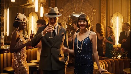 Roaring Twenties Speakeasy Party with Flapper and Gangster Enjoying Drinks and Cigars.