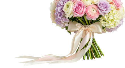 Wedding bouquet of pastel roses, hydrangeas and ranunculus with silk ribbon isolated PNG with Transparent Background