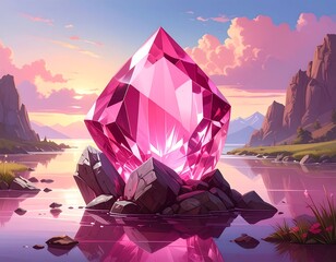 Radiant Pink Gemstone in a Serene Mountain Lake