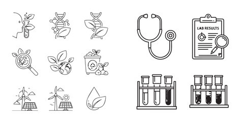 Outline Icons for Biotechnology, Renewable Energy, and Healthcare Concepts
