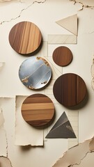 Photo-realistic image with original warm palette (yellows, oranges, reds, purples), circular/geometric shapes, aged paper texture