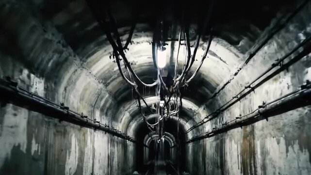 Dolly Shot of Concrete Tunnel Interior with Overhead Cables and Pipes Dimly Lit with Leaks and Water Damage for Infrastructure Industrial or Urban Exploration Theme 190 characters