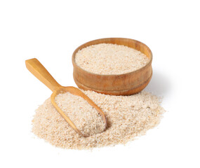 Bowl and scoop with psyllium husk powder on white background