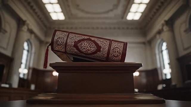 Elaborate Carved Dark Red and Gold Book on Podium in Courtroom Interior Decoration Symbolism Ornamentation Craftsmanship and Literature Heritage with Elegant Ornamentation