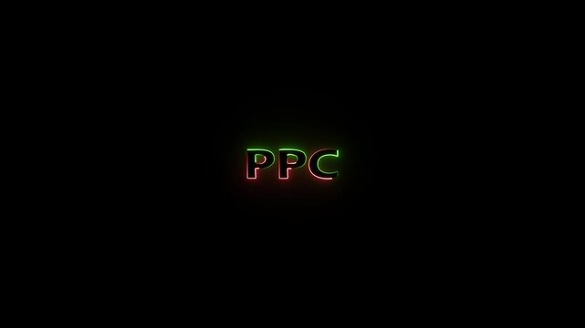 red and green color glowing neon ppc text animation on black background.
