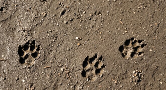Animal footprints in mud showing clear paw prints, indicating the presence of wildlife and the interaction between animals and their natural environment