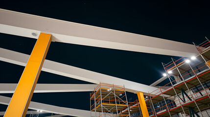 architecture A modern urban construction scene with geometric beams and scaffolding lit by cool white lights, set under a dark, starless night sky (2)