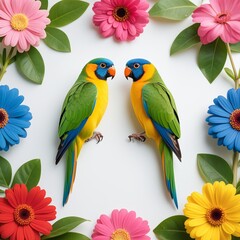 Photorealistic symmetric arrangement with two colorful parrots (yellow bodies, green wings, blue heads) at center, surrounded by bright flowers (African daisy, petunia) in pink
