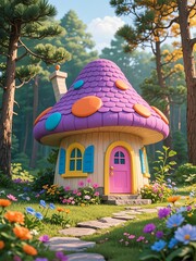 Photo-realistic mushroom house with matte shingled roofs in purple, pink-orange, blue, and pink, light beige wood exterior, blue windows with yellow trim, pink door with gold hardware