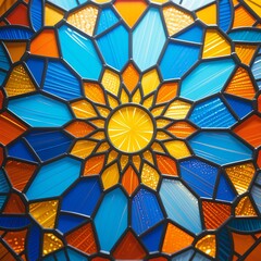 Photorealistic symmetrical stained glass mandala with golden-yellow center, blue and orange fragments, intricate lead lines, vibrant gradients, soft light