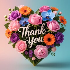 Photo-realistic heart-shaped floral arrangement with 'Thank you' cursive text, pink roses, daisies, blue orchids, lavender, soft peach-to-mint gradient background, vibrant muted pastels