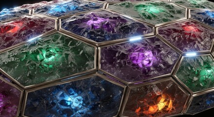 Hexagonal tiles with glowing infinity stones creating a mesmerizing mosaic of cosmic power and vibrant colors, symbolizing the ultimate source of universal control