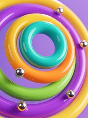 Photo-realistic 3D render of glossy overlapping circular/ring shapes in vibrant purple, yellow, orange, teal, green with metallic spheres and texture variations