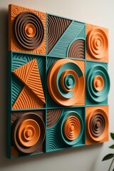 Photo-realistic abstract geometric wall art with spiral, triangle, and circle shapes in warm oranges, browns, and cool greens, embossed texture, structured panel layout