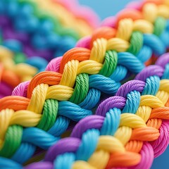 Photorealistic close-up of intertwined rainbow-colored braided ropes with vibrant blue, green, yellow, orange, pink, and purple hues