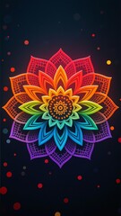 Photo-realistic symmetrical mandala flower with multi-layered petals, vibrant gradient colors (red, orange, yellow, green, blue, purple), subtle glowing dots, softened mesh textures, dark background