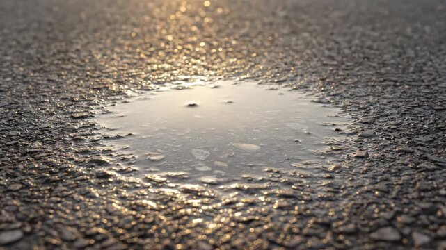 A shallow puddle of rainwater slowly evaporates under the warm sun, eventually disappearing from the paved surface in a detailed timelapse water, ground, rain