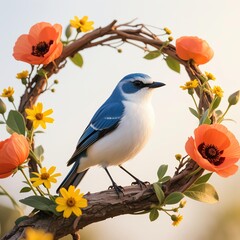 Realistic blue-gray bird with white underparts perched on twisted brown branch, surrounded by wreath of yellow marigolds and red clover, soft white background