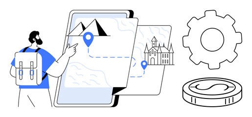 Fototapeta premium Traveler with backpack pointing at a digital map featuring landmarks and location pins alongside a gear and coin. Ideal for travel, navigation, planning, tourism, itinerary, exploration, simple flat